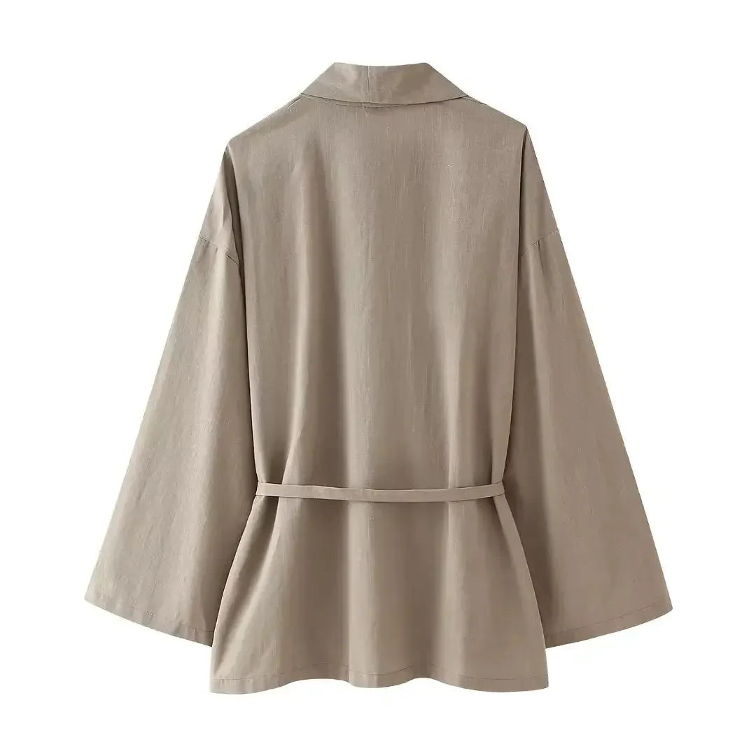 Obsidian Phoenix Women’s Pantsuit - Khaki Drawstring Cardigan Blouse & Elastic Waist Wide-Leg Pants