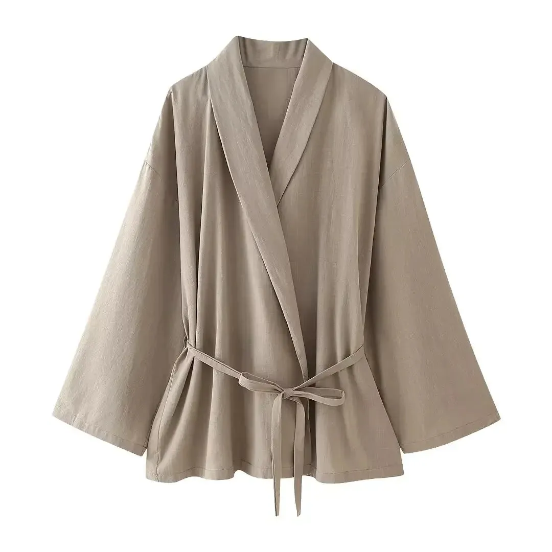 Obsidian Phoenix Women’s Pantsuit - Khaki Drawstring Cardigan Blouse & Elastic Waist Wide-Leg Pants