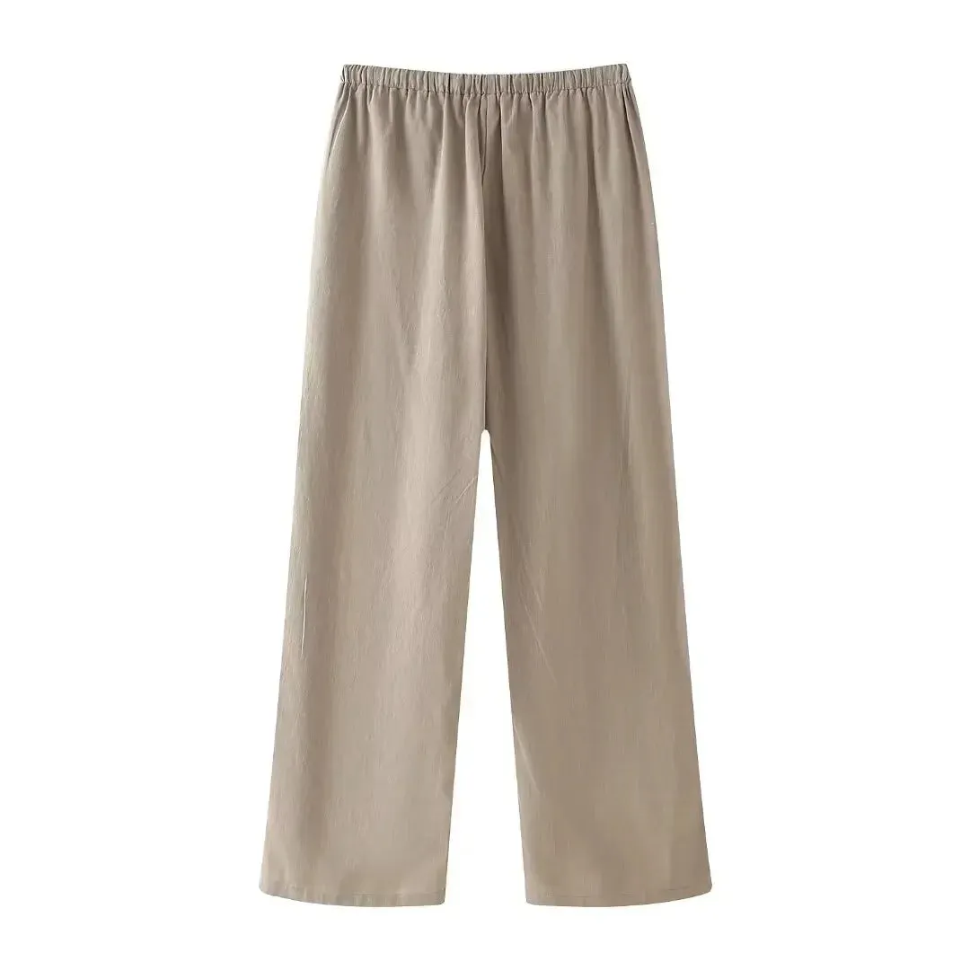 Obsidian Phoenix Women’s Pantsuit - Khaki Drawstring Cardigan Blouse & Elastic Waist Wide-Leg Pants