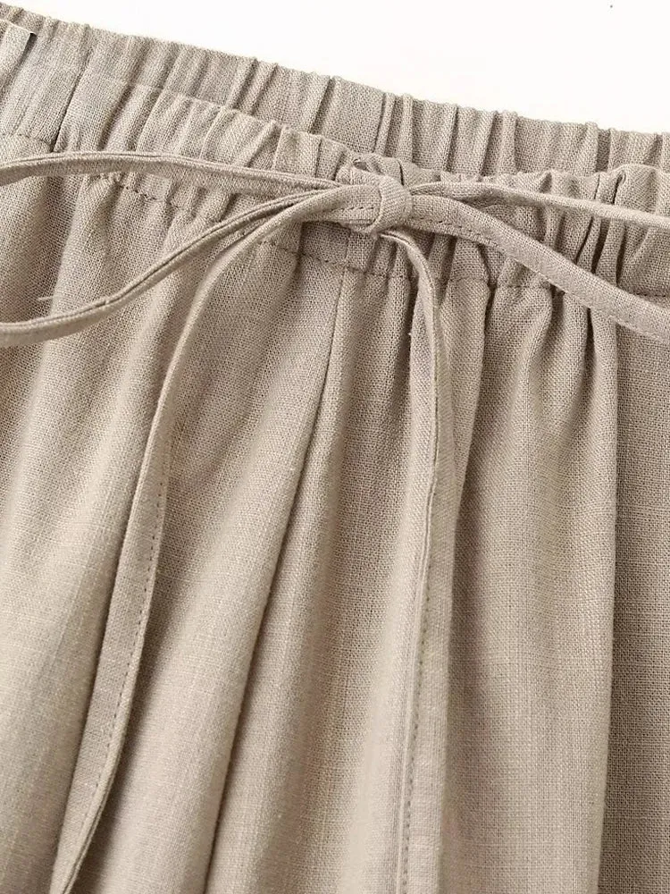 Obsidian Phoenix Women’s Pantsuit - Khaki Drawstring Cardigan Blouse & Elastic Waist Wide-Leg Pants