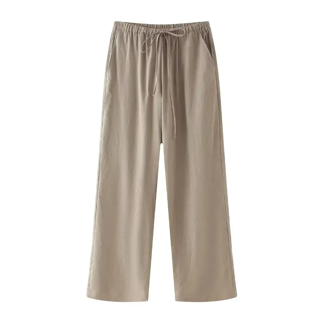 Obsidian Phoenix Women’s Pantsuit - Khaki Drawstring Cardigan Blouse & Elastic Waist Wide-Leg Pants
