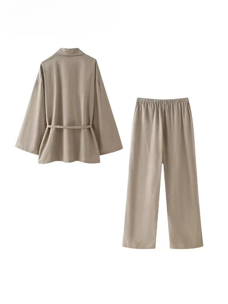 Obsidian Phoenix Women’s Pantsuit - Khaki Drawstring Cardigan Blouse & Elastic Waist Wide-Leg Pants