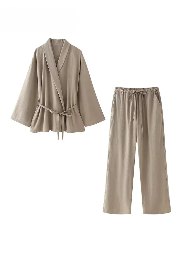 Obsidian Phoenix Women’s Pantsuit - Khaki Drawstring Cardigan Blouse & Elastic Waist Wide-Leg Pants