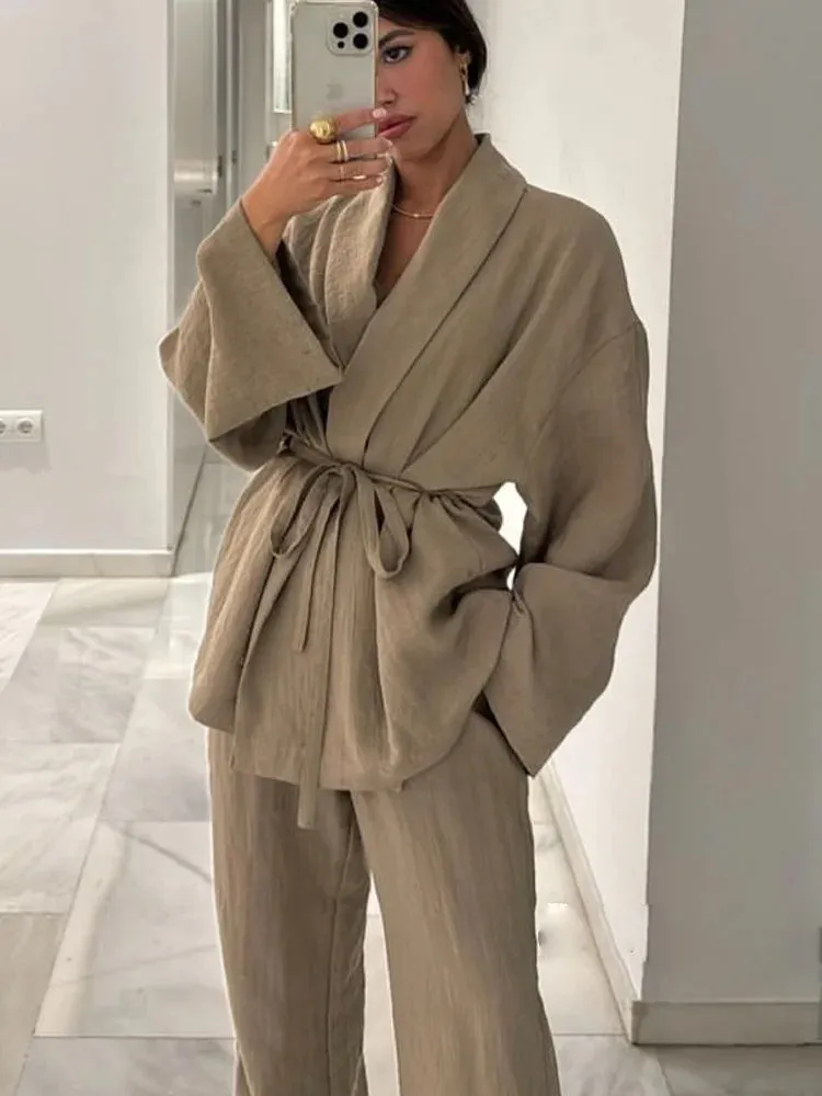 Obsidian Phoenix Women’s Pantsuit - Khaki Drawstring Cardigan Blouse & Elastic Waist Wide-Leg Pants