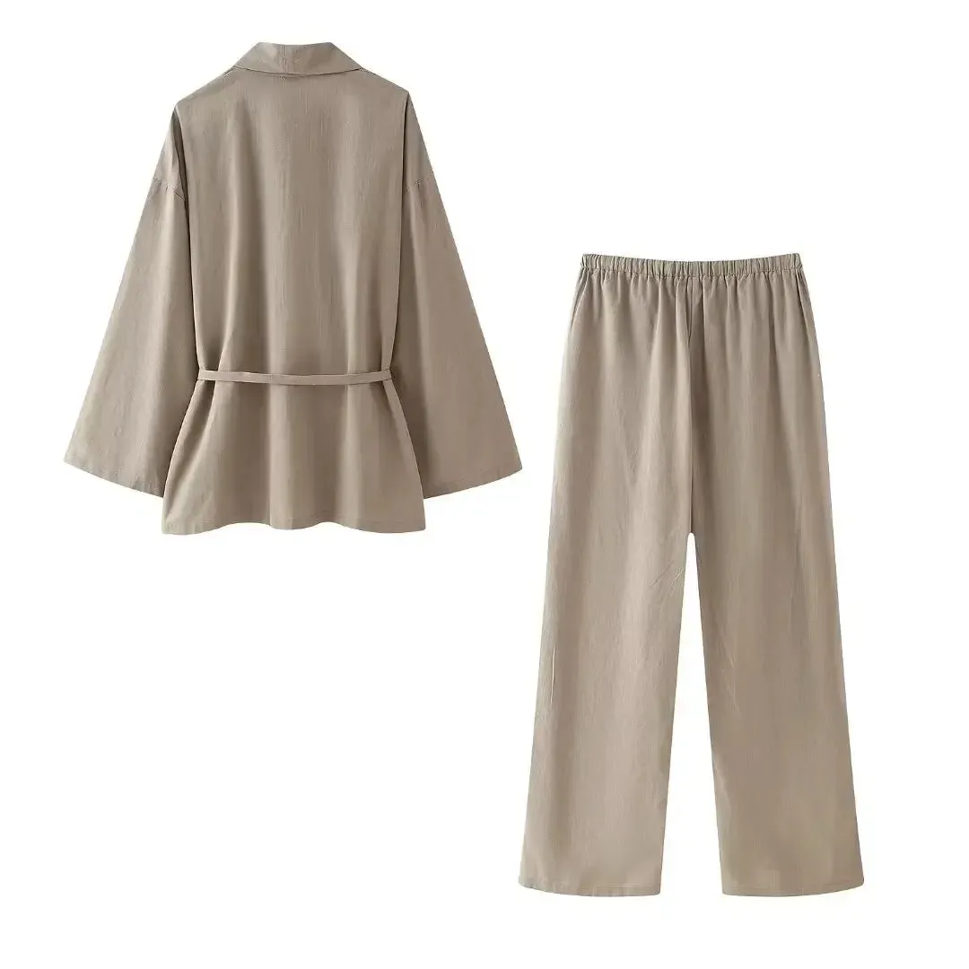 Obsidian Phoenix Women’s Pantsuit - Khaki Drawstring Cardigan Blouse & Elastic Waist Wide-Leg Pants