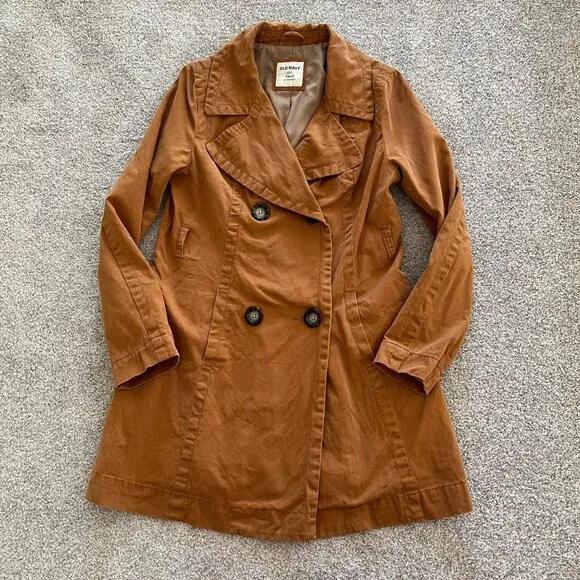 Old Navy Camel Caramel 100% Cotton Belted Double Breasted Trench Rain Coat Small