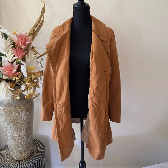 Old Navy Camel Caramel 100% Cotton Belted Double Breasted Trench Rain Coat Small