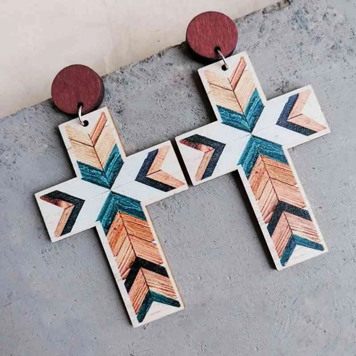 Painted Wood Cross Earrings
