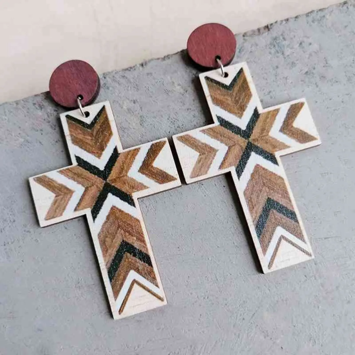Painted Wood Cross Earrings
