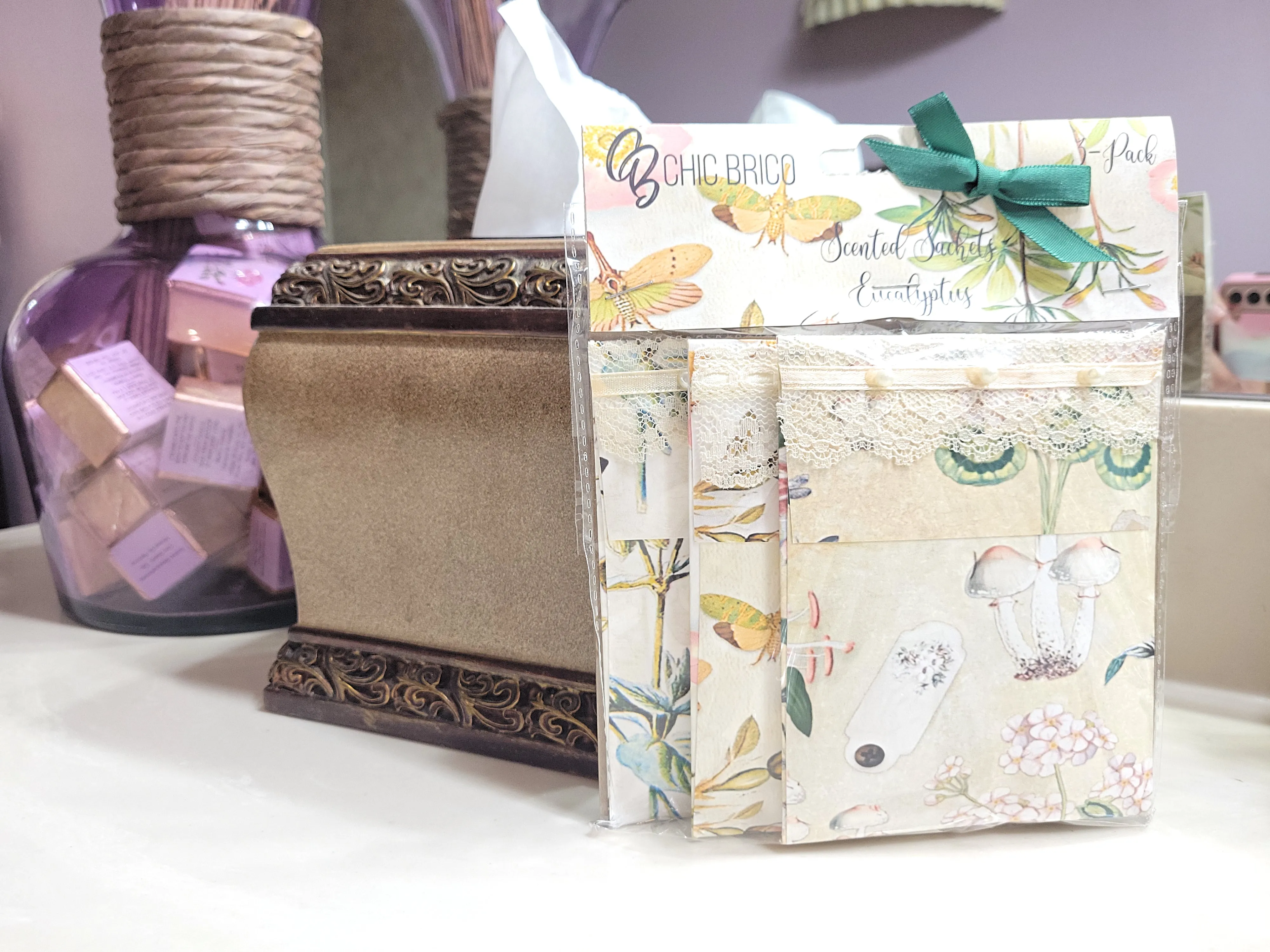 Pearls & Lace Eucalyptus Scented Drawer, Closet & Car Sachets, Large Size 4" x 5", 3-Pack