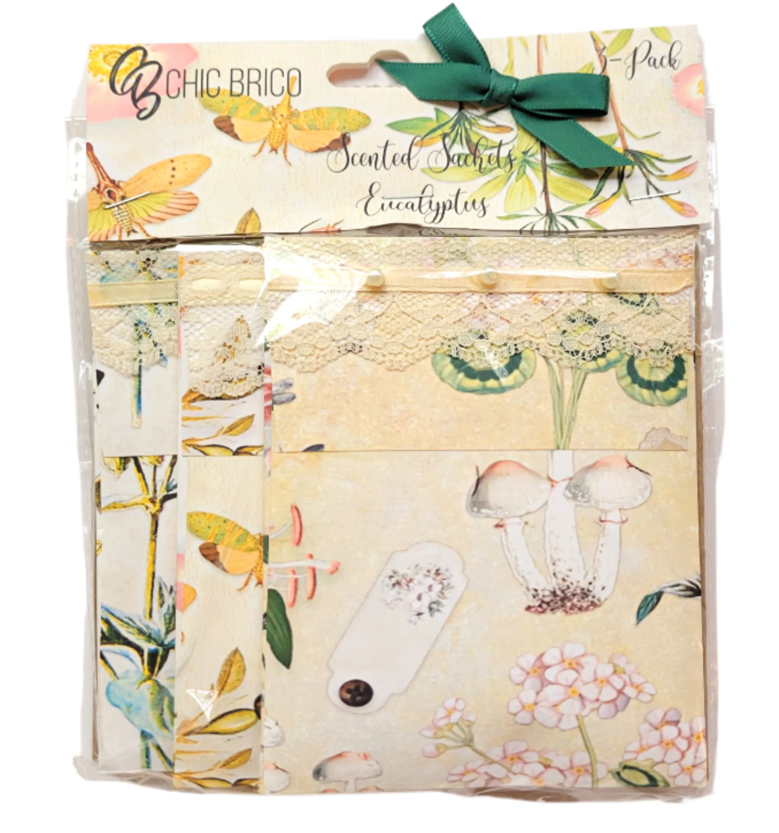 Pearls & Lace Eucalyptus Scented Drawer, Closet & Car Sachets, Large Size 4" x 5", 3-Pack