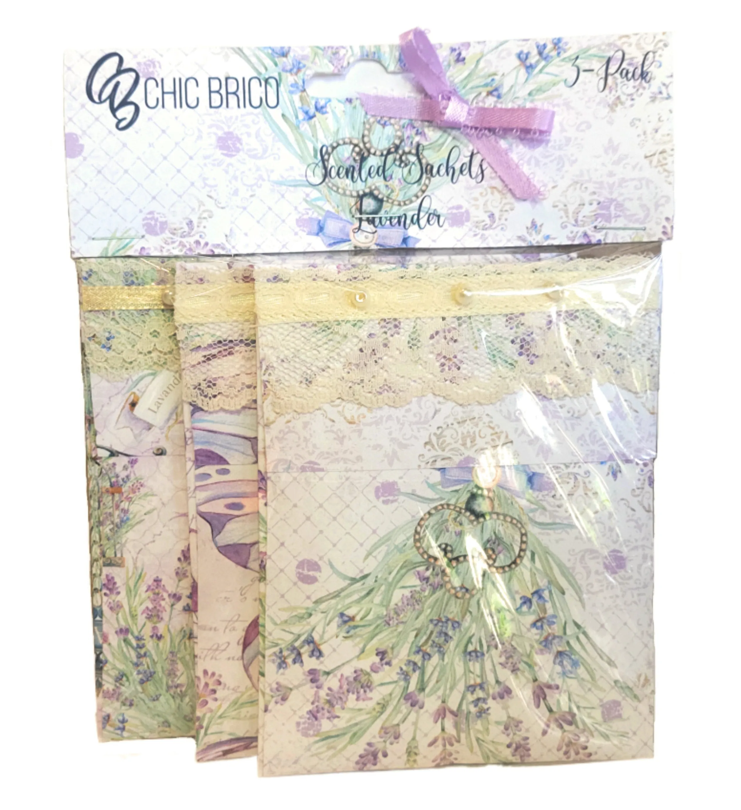 Pearls & Lace Lavender Scented Drawer, Closet & Car Sachets, Large Size 4" x 5", 3-Pack