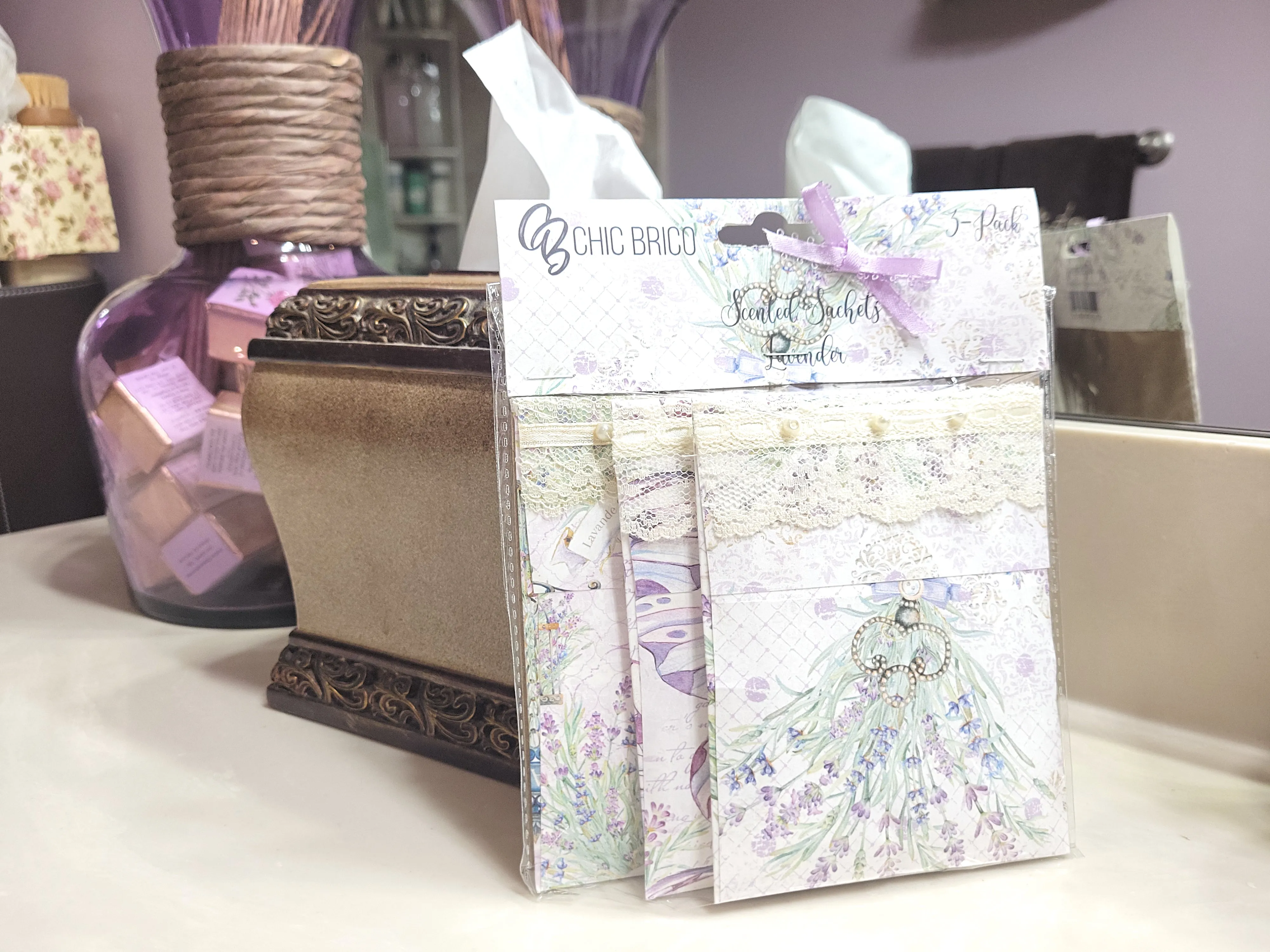 Pearls & Lace Lavender Scented Drawer, Closet & Car Sachets, Large Size 4" x 5", 3-Pack