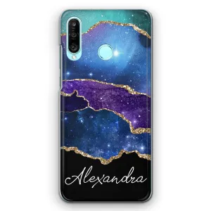 Personalised HTC Phone Hard Case with Stylish Script Name on Blue & Gold Strip Marble