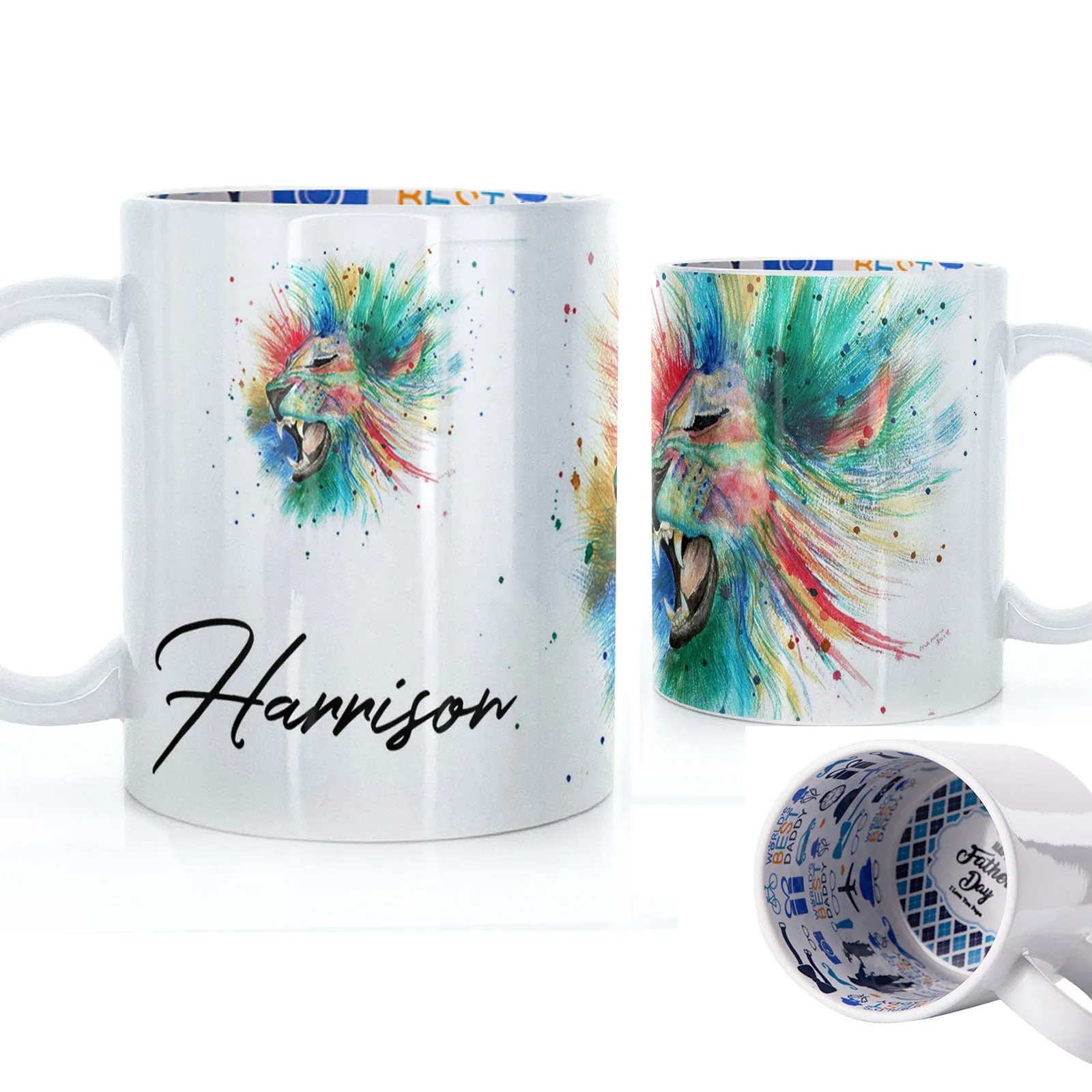 Personalised Mug with Stylish Text and Rainbow Lion