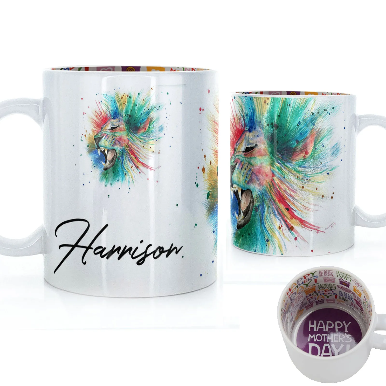 Personalised Mug with Stylish Text and Rainbow Lion
