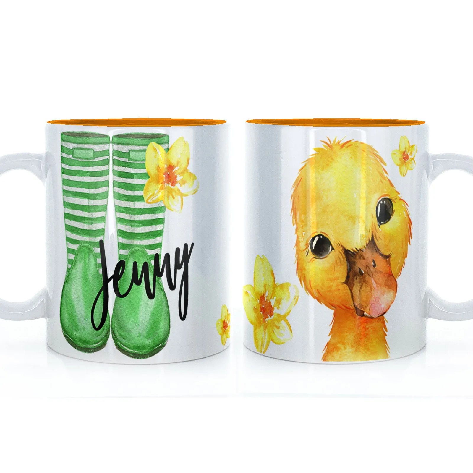 Personalised Mug with Stylish Text and Yellow Flower Duckling & Green Striped Wellies