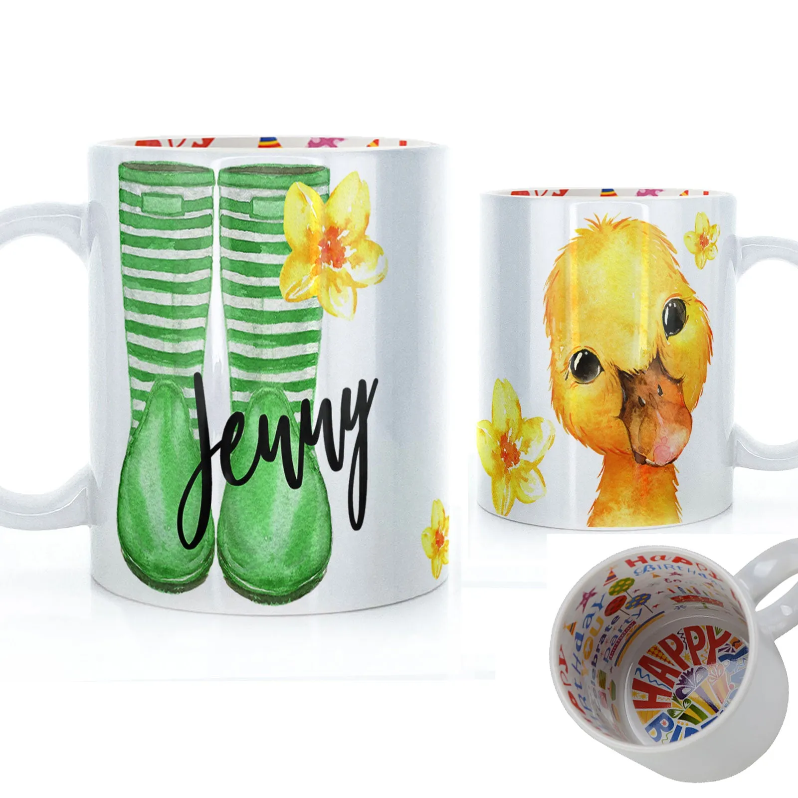Personalised Mug with Stylish Text and Yellow Flower Duckling & Green Striped Wellies