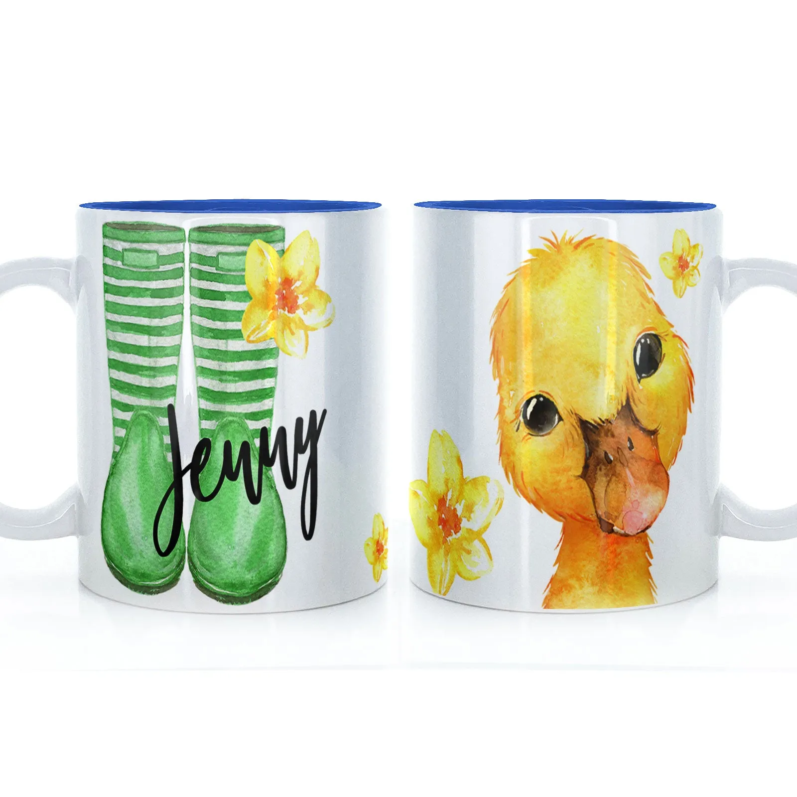 Personalised Mug with Stylish Text and Yellow Flower Duckling & Green Striped Wellies