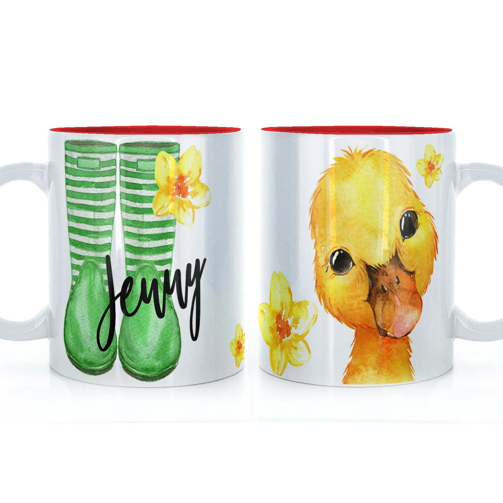 Personalised Mug with Stylish Text and Yellow Flower Duckling & Green Striped Wellies