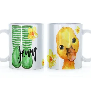 Personalised Mug with Stylish Text and Yellow Flower Duckling & Green Striped Wellies