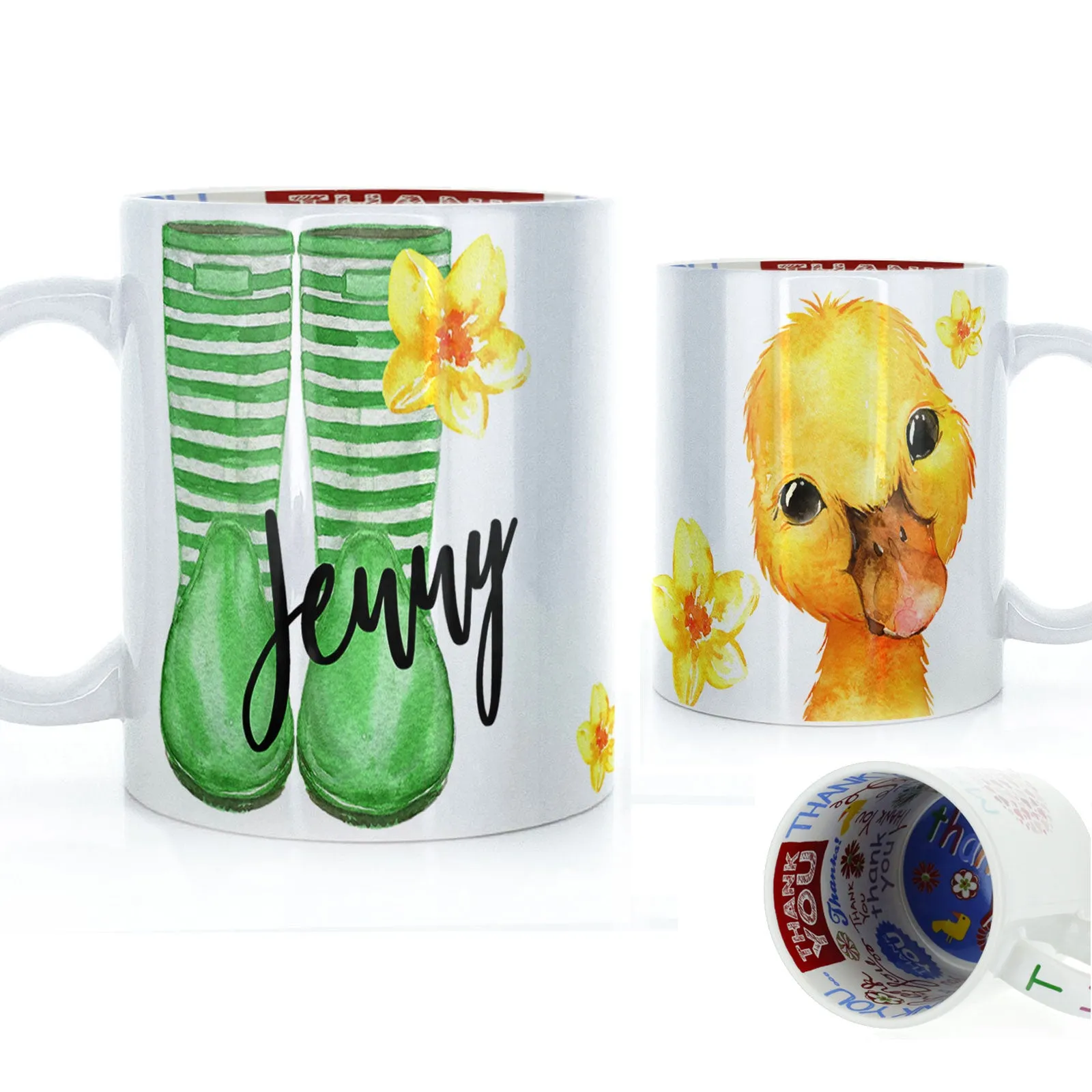 Personalised Mug with Stylish Text and Yellow Flower Duckling & Green Striped Wellies