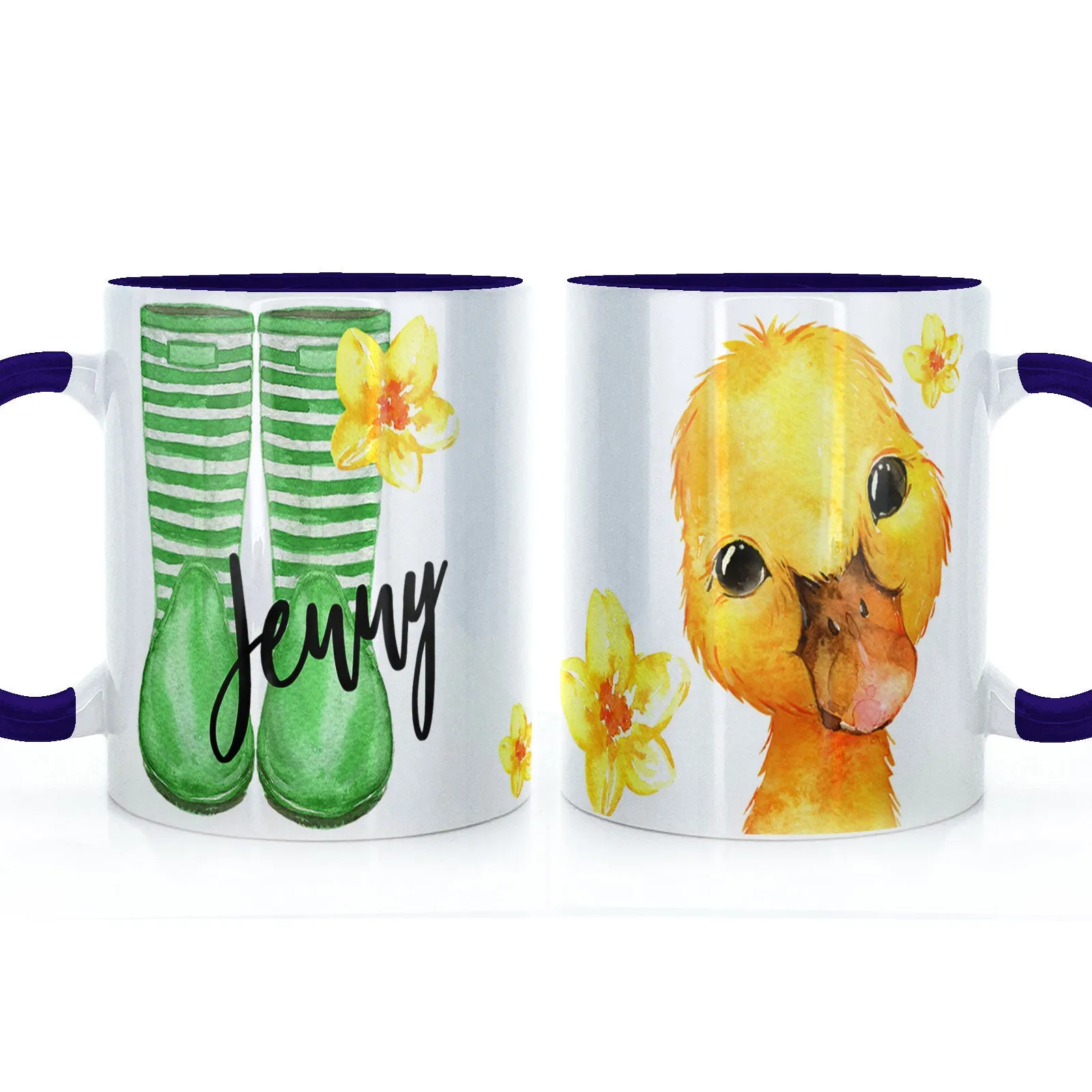 Personalised Mug with Stylish Text and Yellow Flower Duckling & Green Striped Wellies