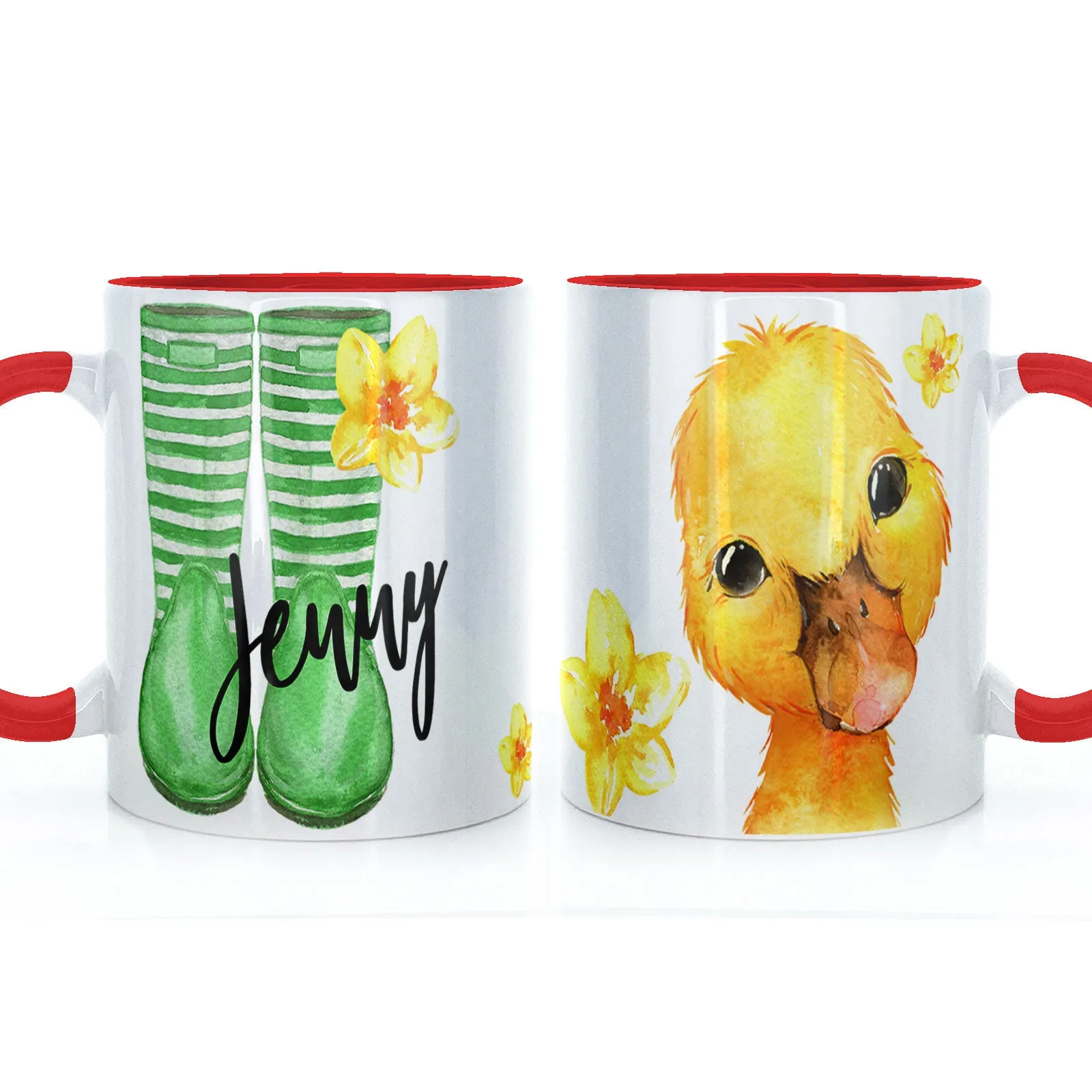 Personalised Mug with Stylish Text and Yellow Flower Duckling & Green Striped Wellies