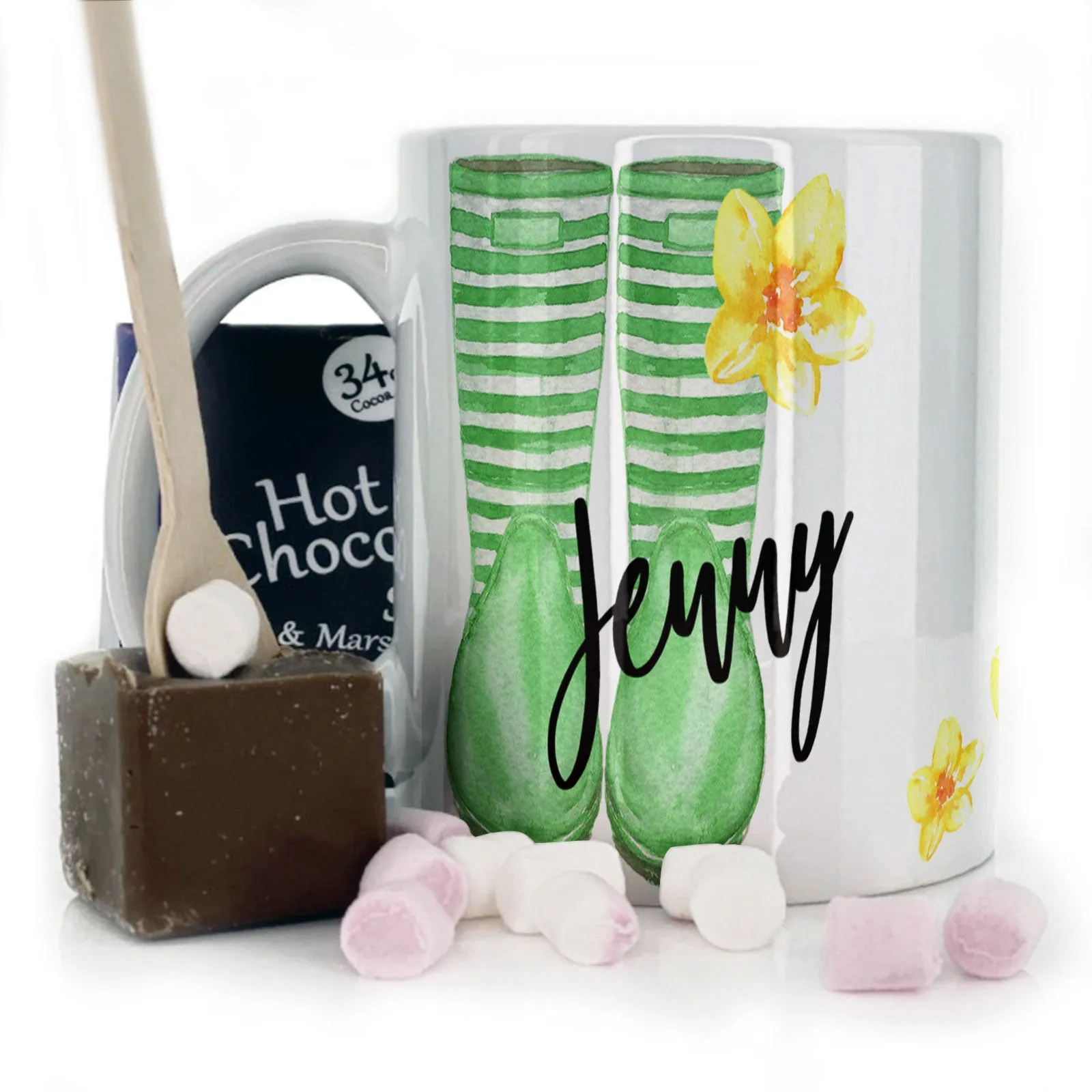 Personalised Mug with Stylish Text and Yellow Flower Duckling & Green Striped Wellies