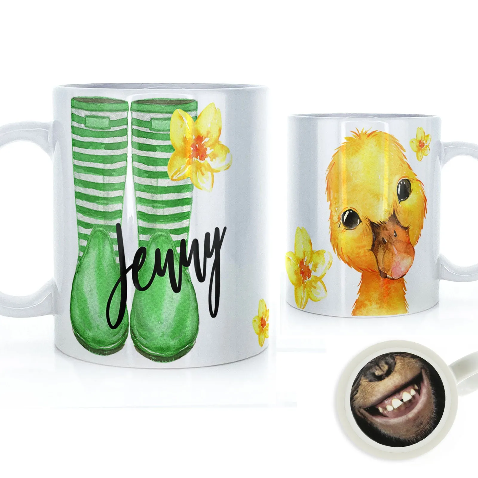Personalised Mug with Stylish Text and Yellow Flower Duckling & Green Striped Wellies