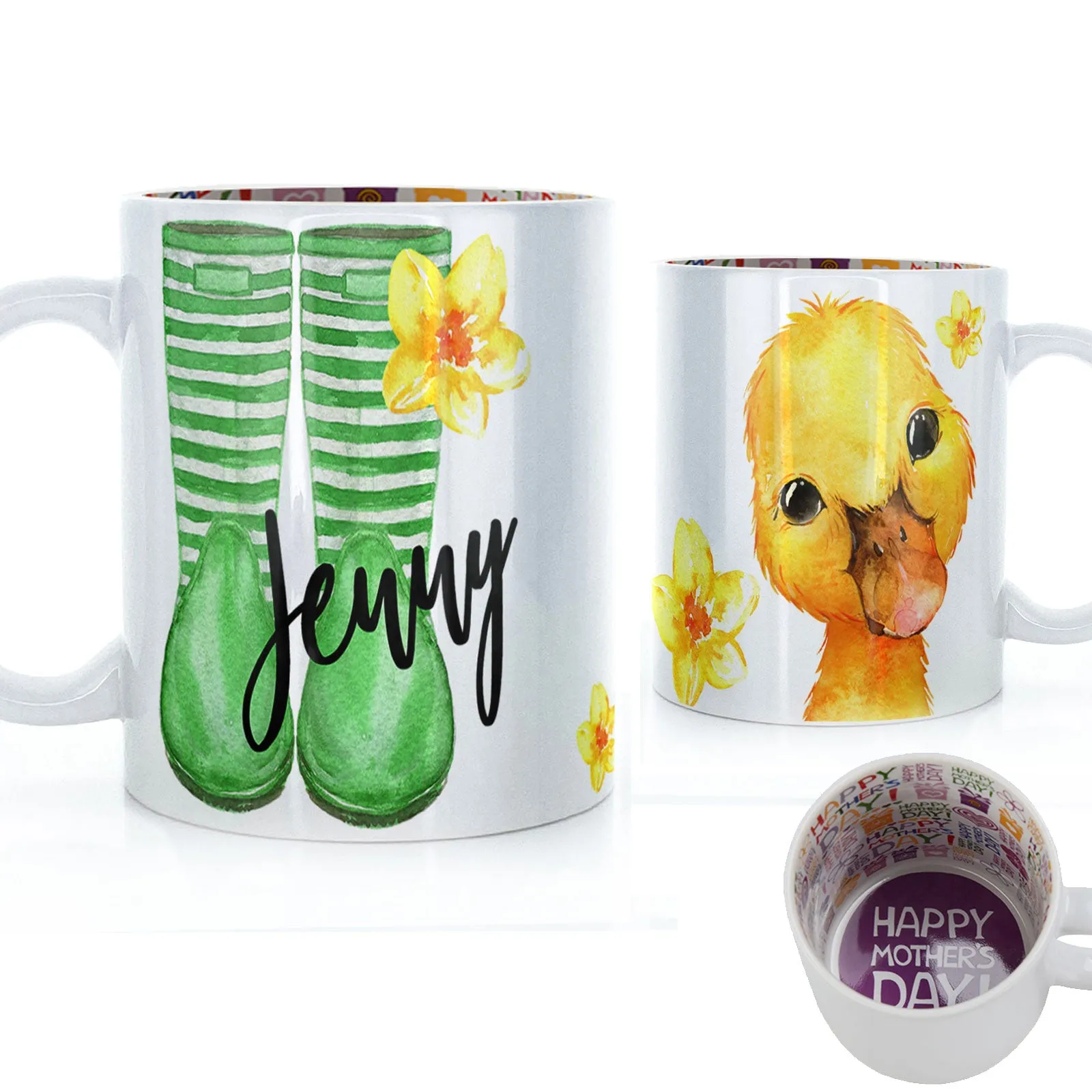 Personalised Mug with Stylish Text and Yellow Flower Duckling & Green Striped Wellies
