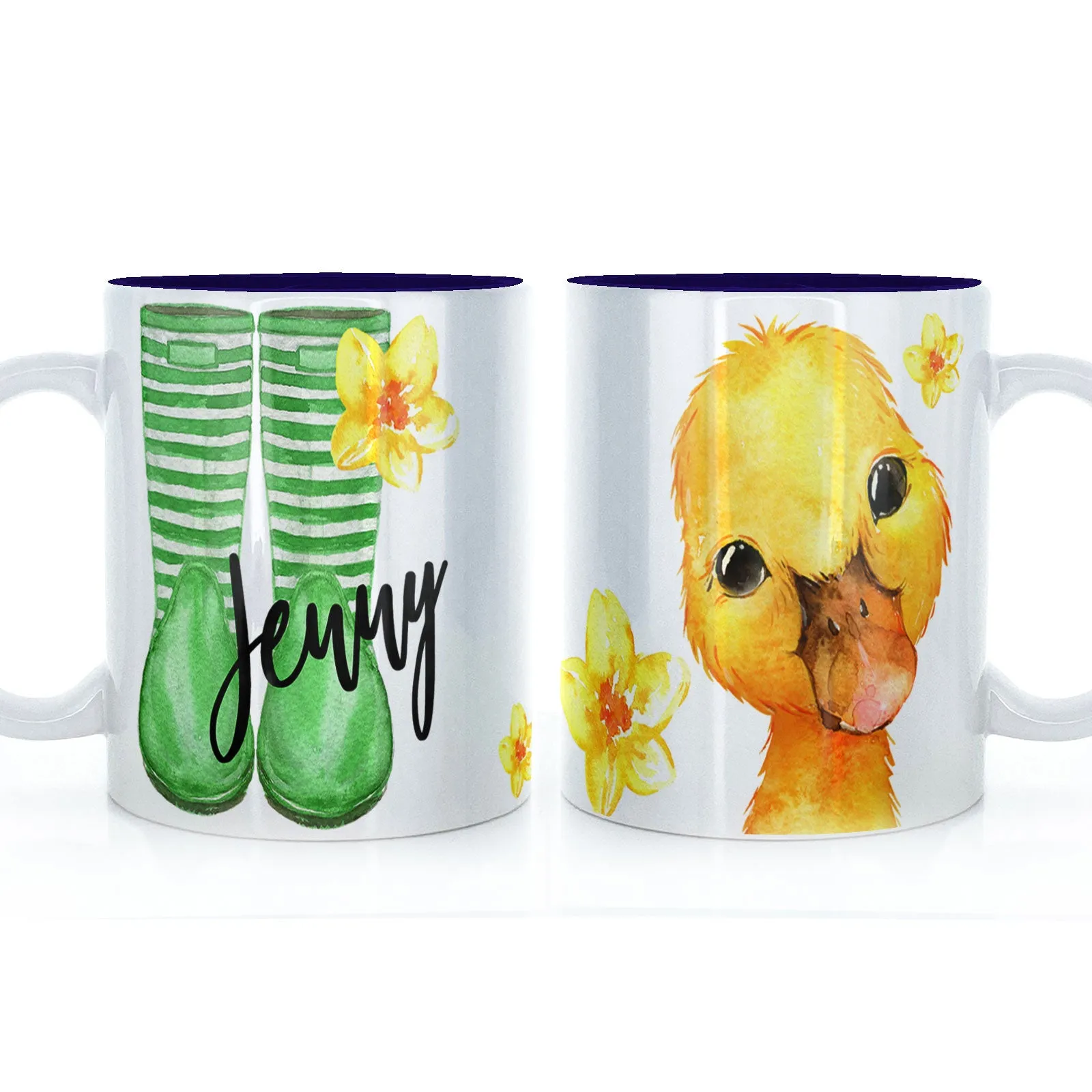 Personalised Mug with Stylish Text and Yellow Flower Duckling & Green Striped Wellies