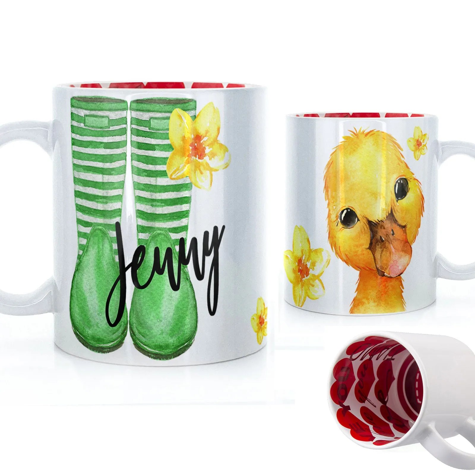 Personalised Mug with Stylish Text and Yellow Flower Duckling & Green Striped Wellies