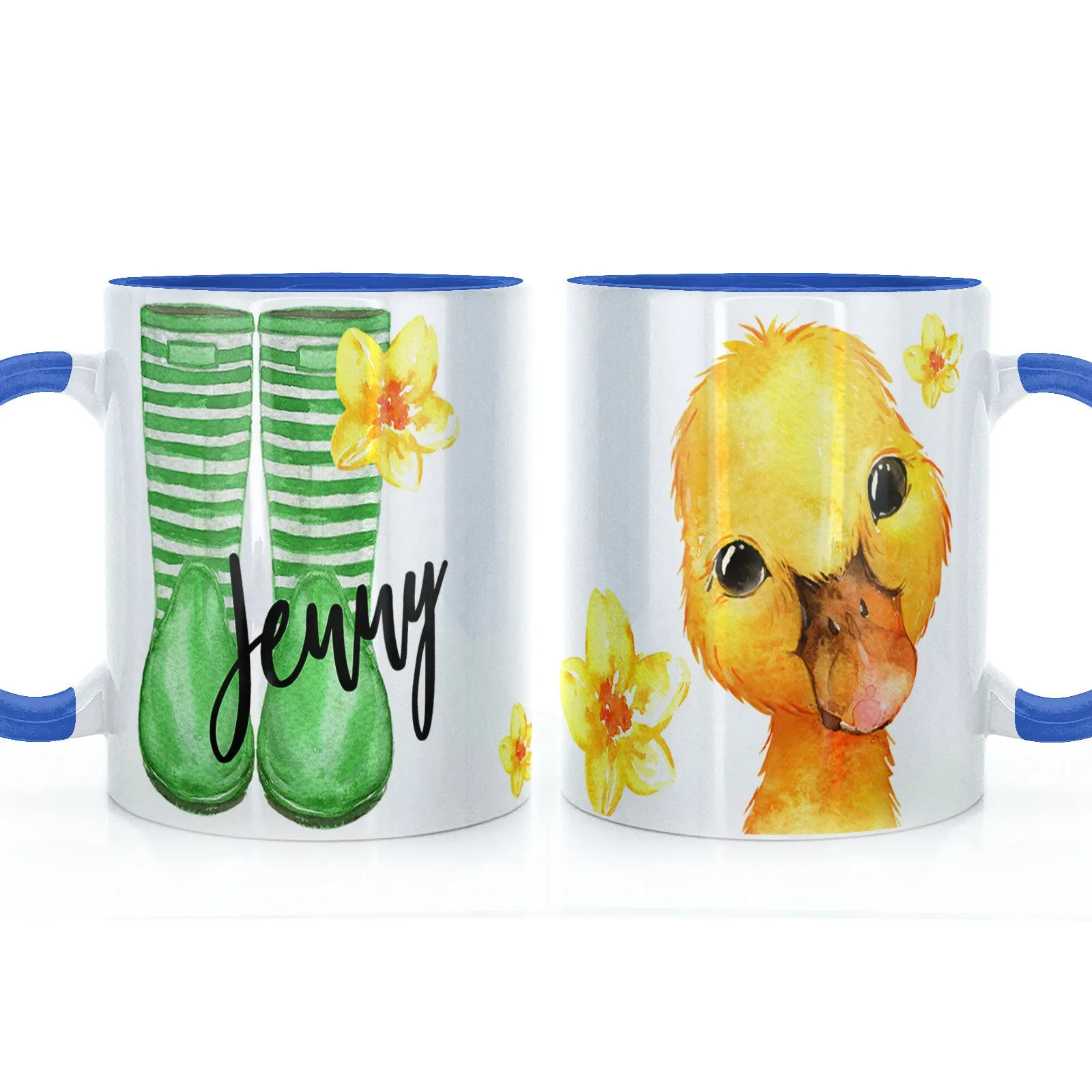 Personalised Mug with Stylish Text and Yellow Flower Duckling & Green Striped Wellies
