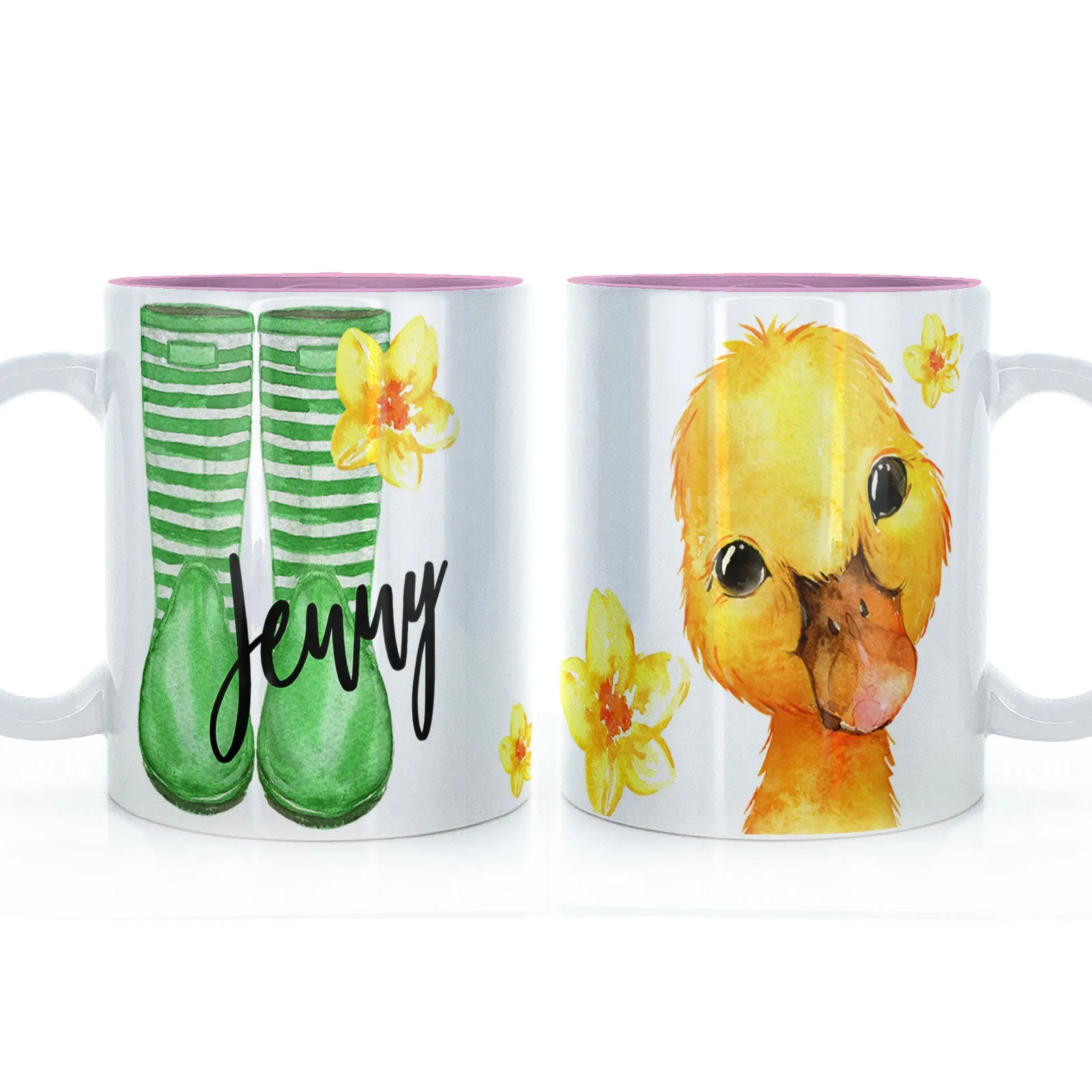 Personalised Mug with Stylish Text and Yellow Flower Duckling & Green Striped Wellies