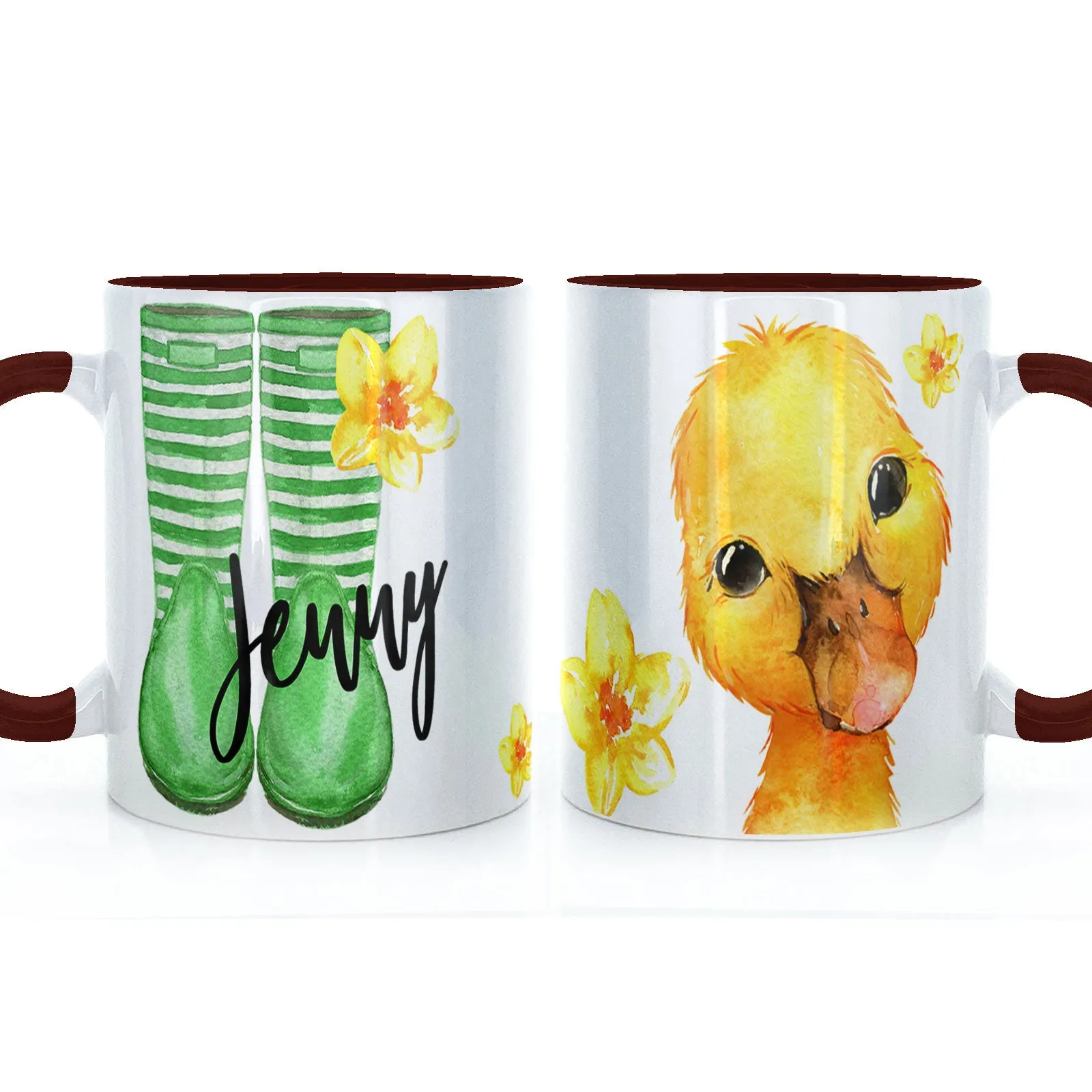 Personalised Mug with Stylish Text and Yellow Flower Duckling & Green Striped Wellies