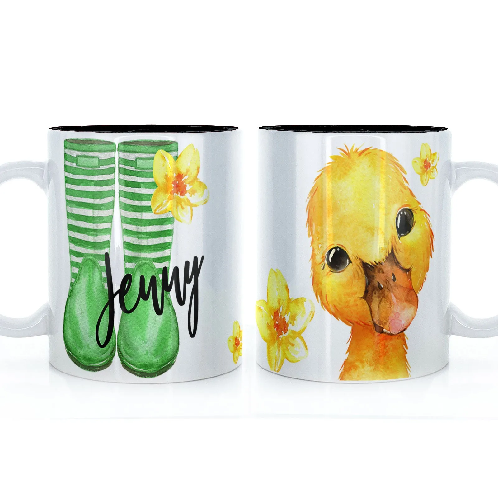 Personalised Mug with Stylish Text and Yellow Flower Duckling & Green Striped Wellies