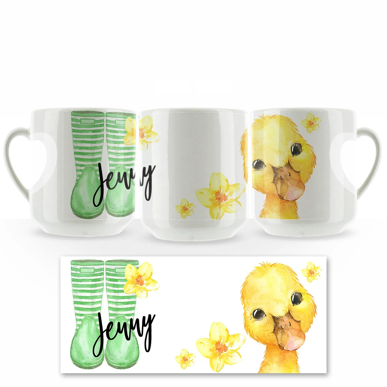 Personalised Mug with Stylish Text and Yellow Flower Duckling & Green Striped Wellies