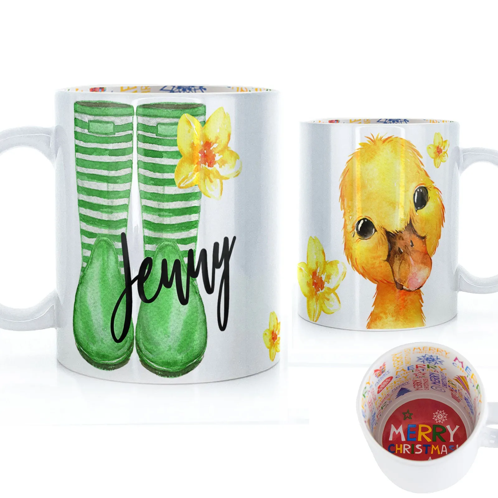 Personalised Mug with Stylish Text and Yellow Flower Duckling & Green Striped Wellies