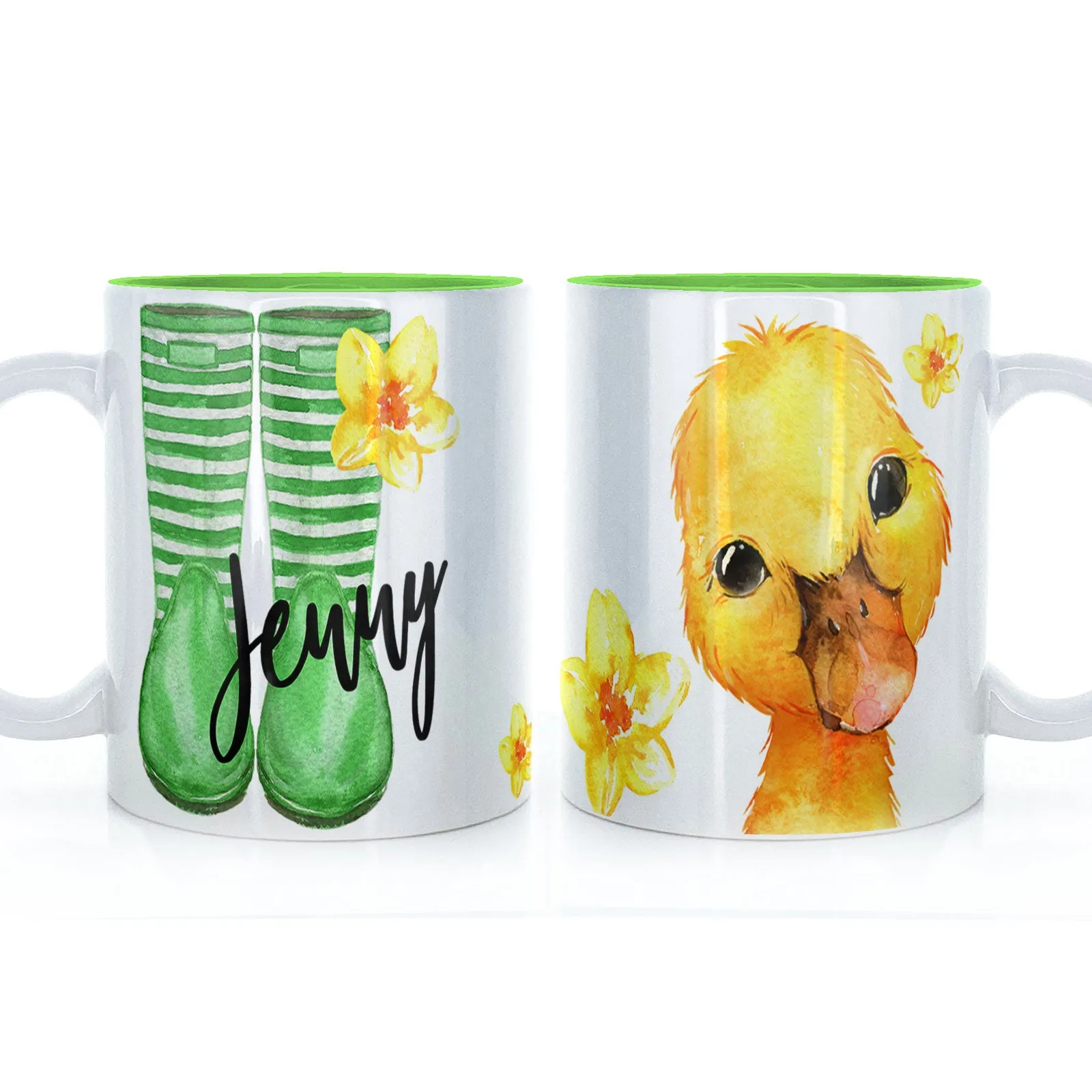 Personalised Mug with Stylish Text and Yellow Flower Duckling & Green Striped Wellies