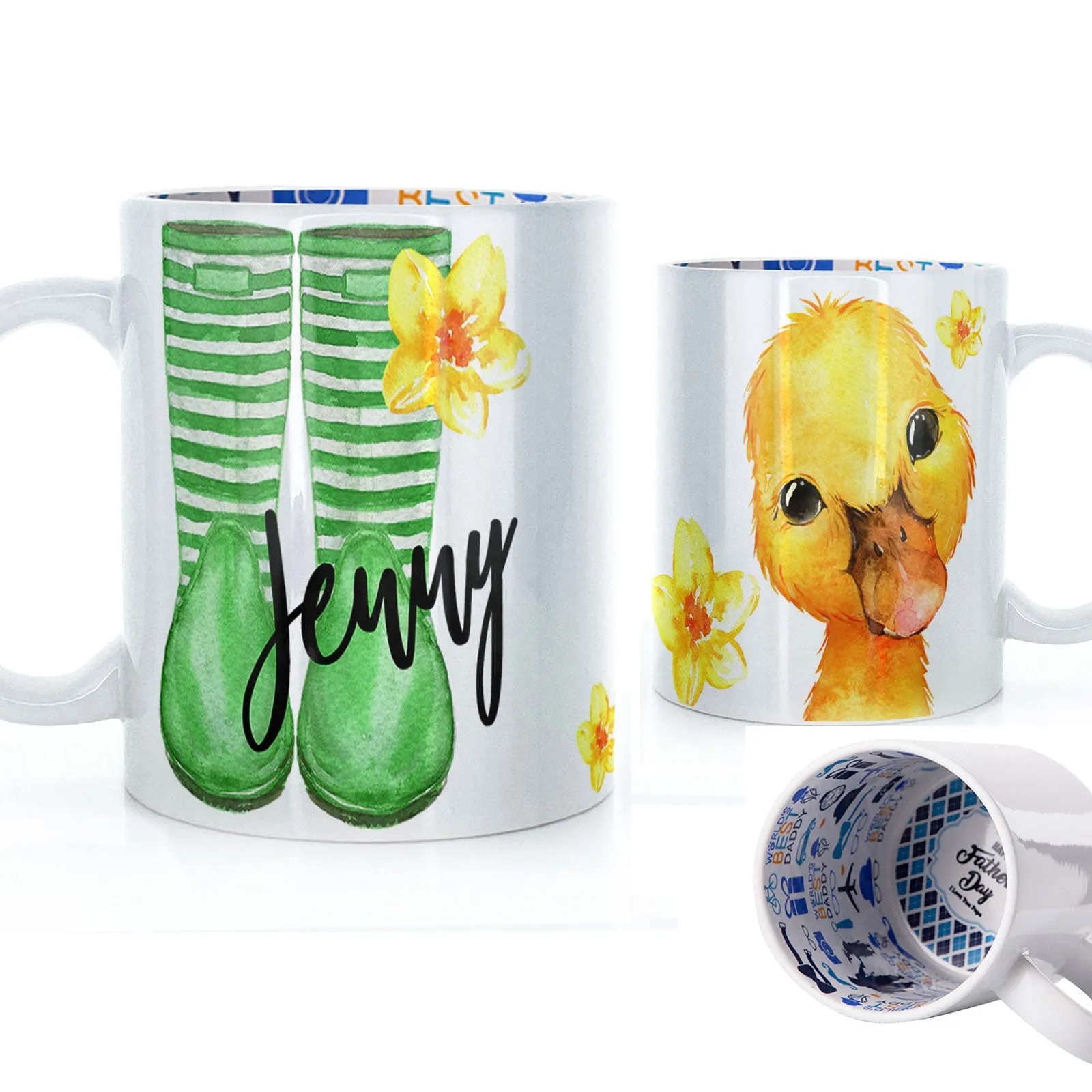 Personalised Mug with Stylish Text and Yellow Flower Duckling & Green Striped Wellies
