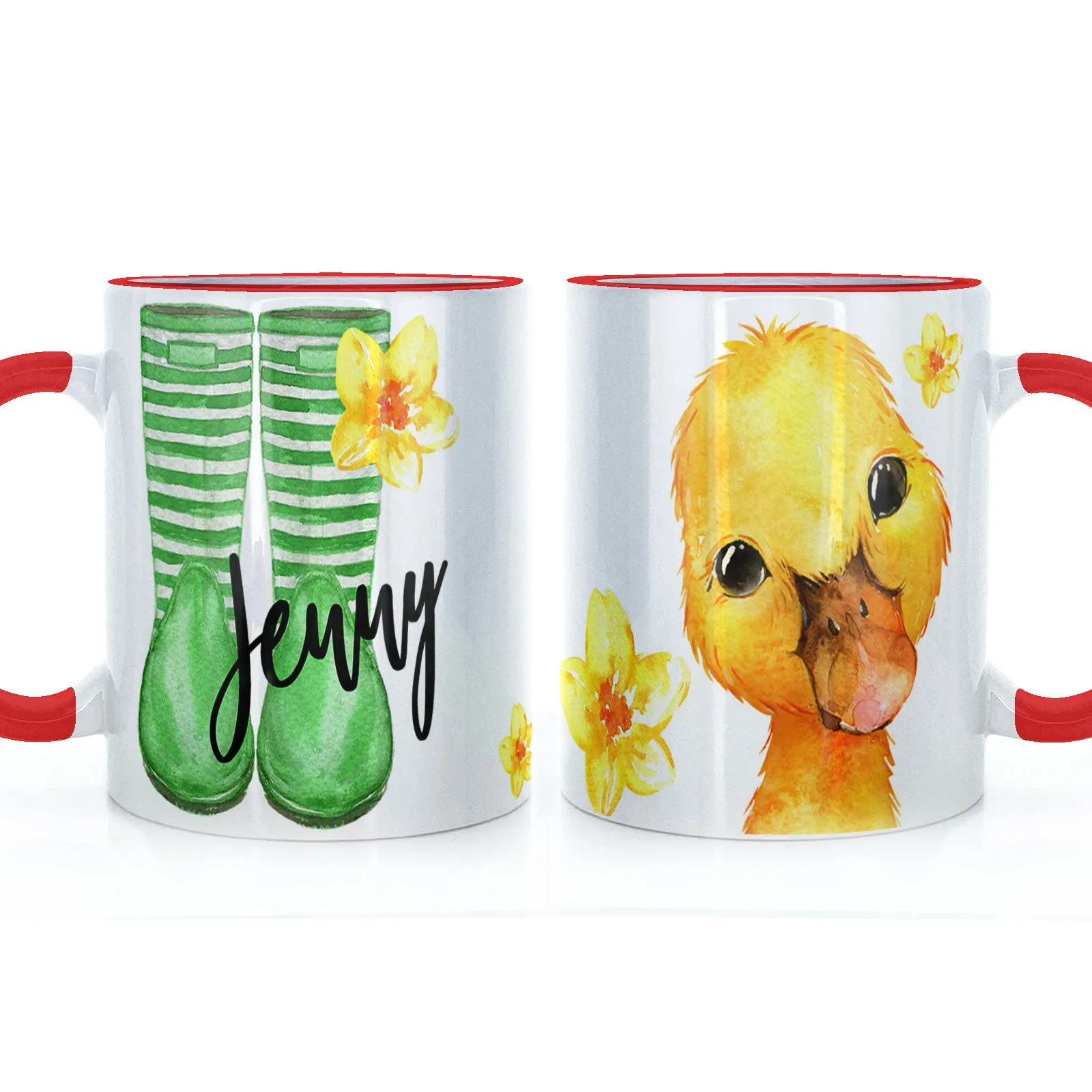 Personalised Mug with Stylish Text and Yellow Flower Duckling & Green Striped Wellies