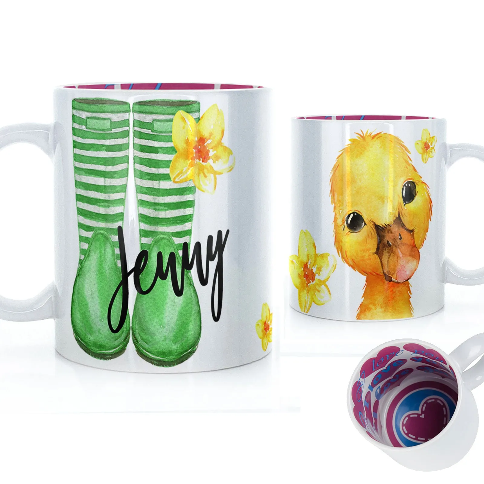 Personalised Mug with Stylish Text and Yellow Flower Duckling & Green Striped Wellies