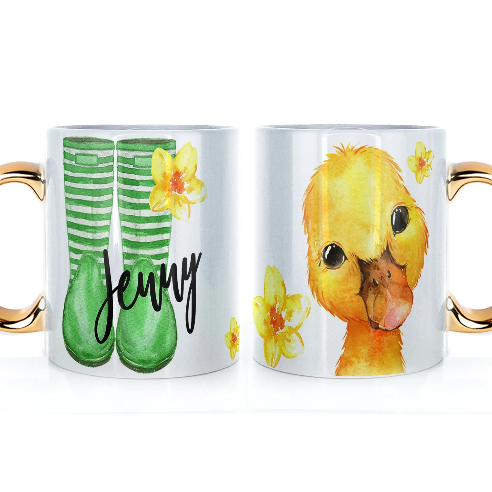 Personalised Mug with Stylish Text and Yellow Flower Duckling & Green Striped Wellies