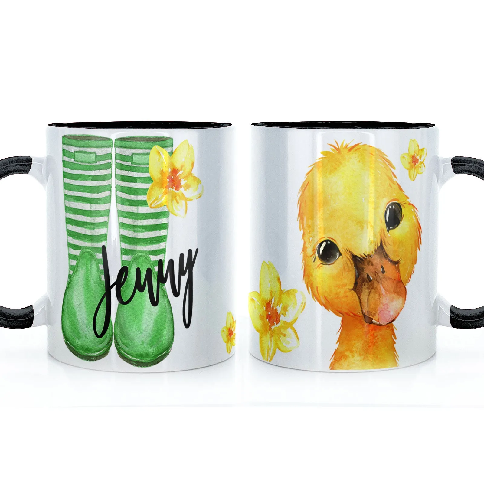 Personalised Mug with Stylish Text and Yellow Flower Duckling & Green Striped Wellies