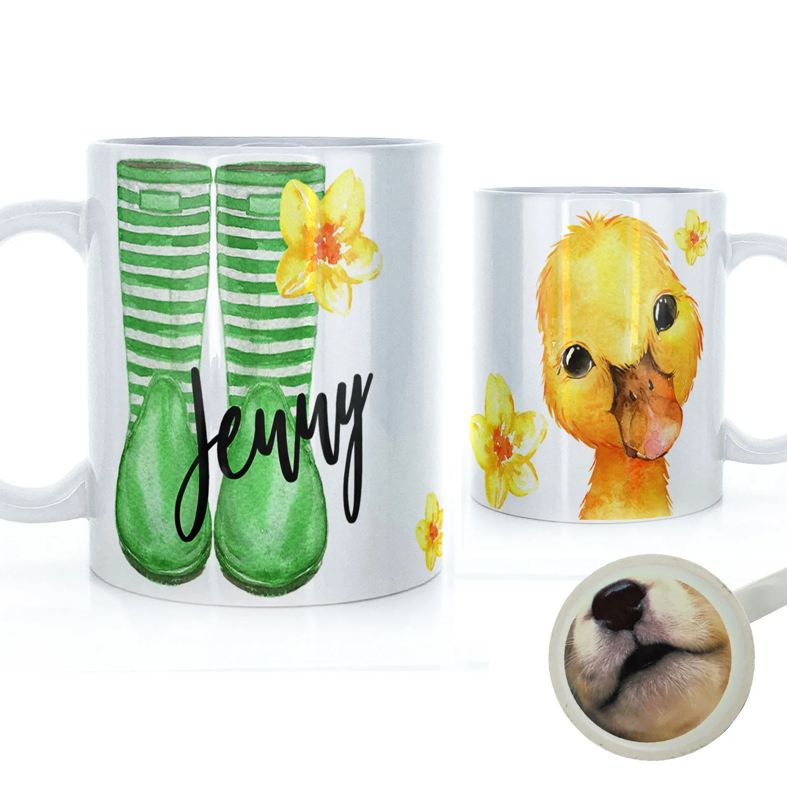 Personalised Mug with Stylish Text and Yellow Flower Duckling & Green Striped Wellies