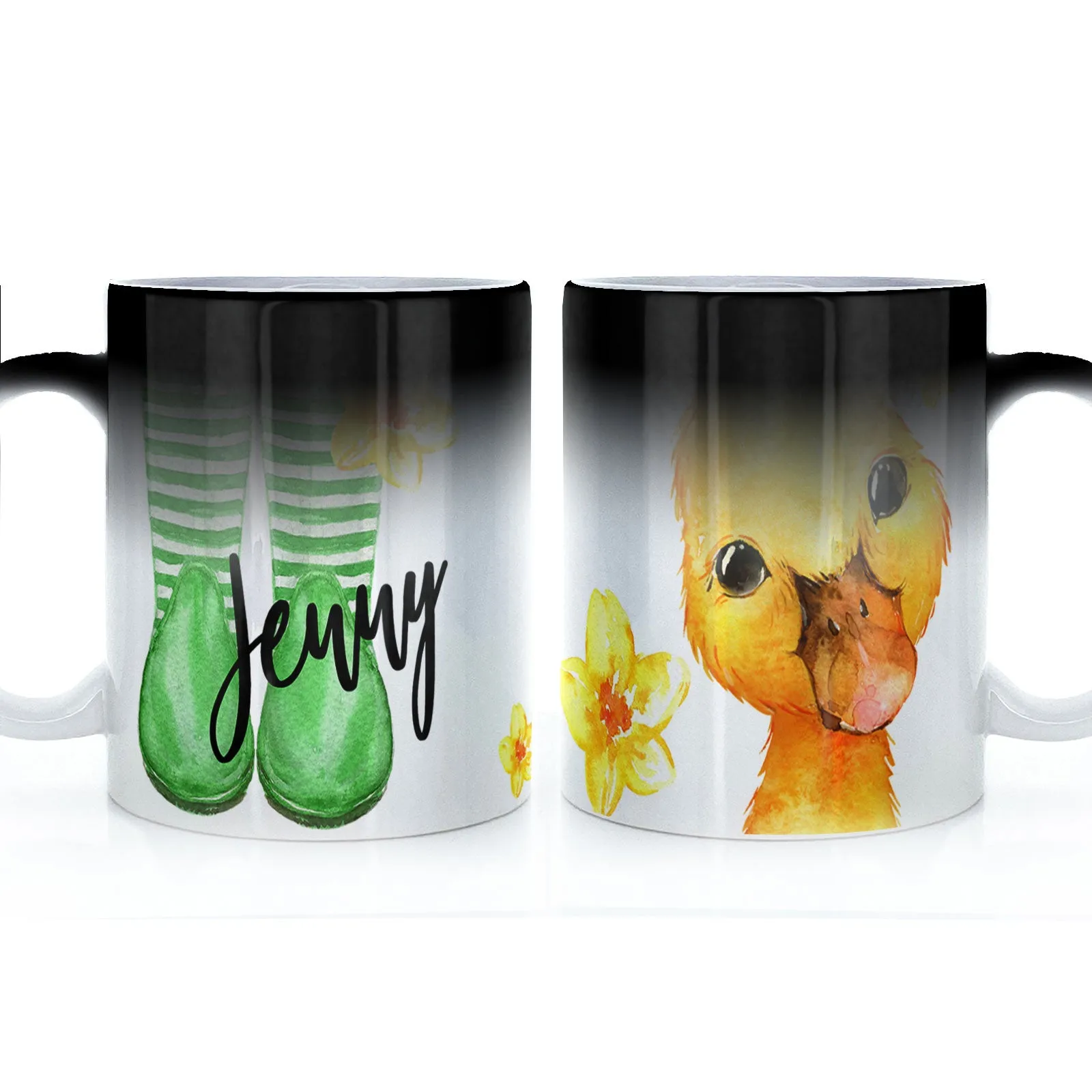 Personalised Mug with Stylish Text and Yellow Flower Duckling & Green Striped Wellies
