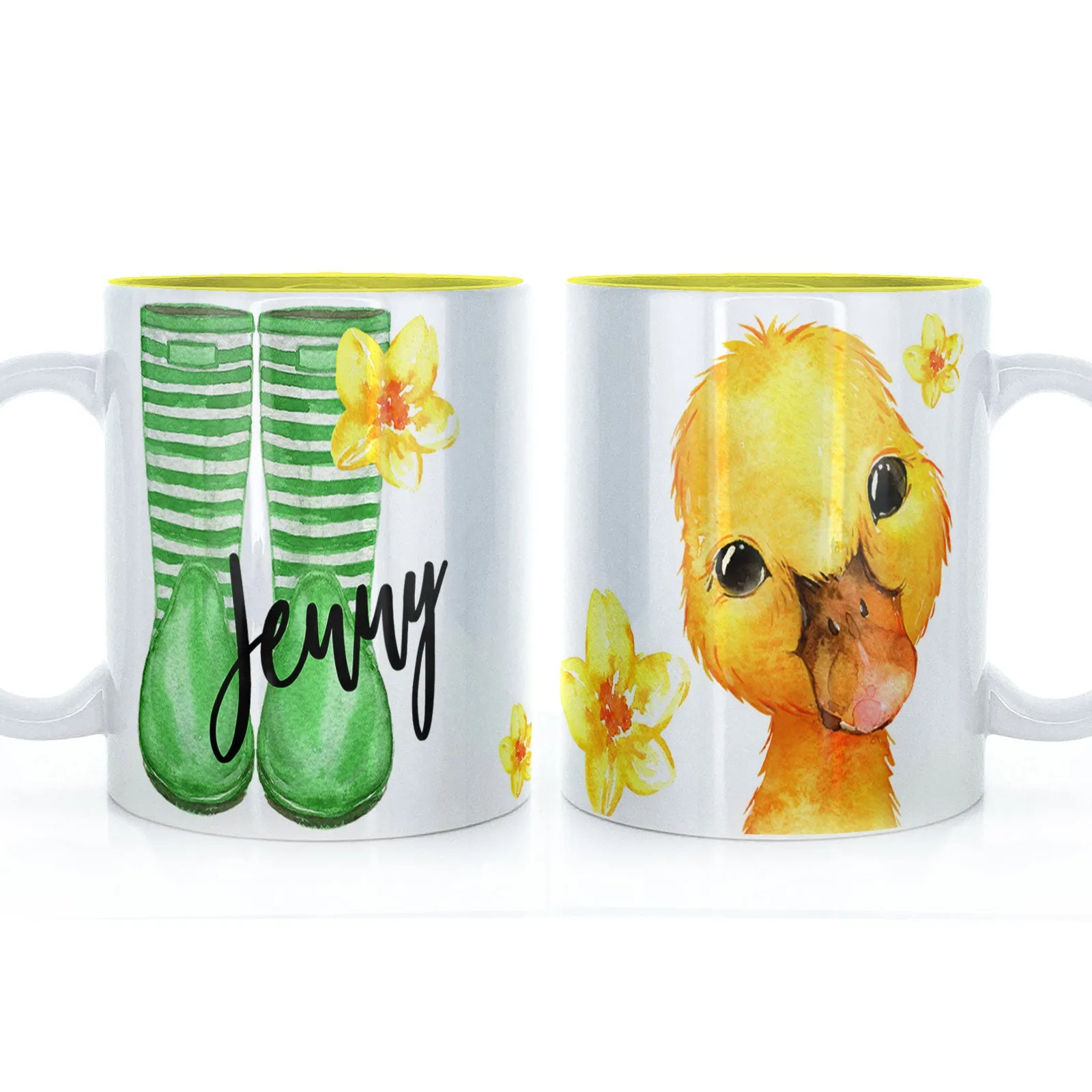 Personalised Mug with Stylish Text and Yellow Flower Duckling & Green Striped Wellies