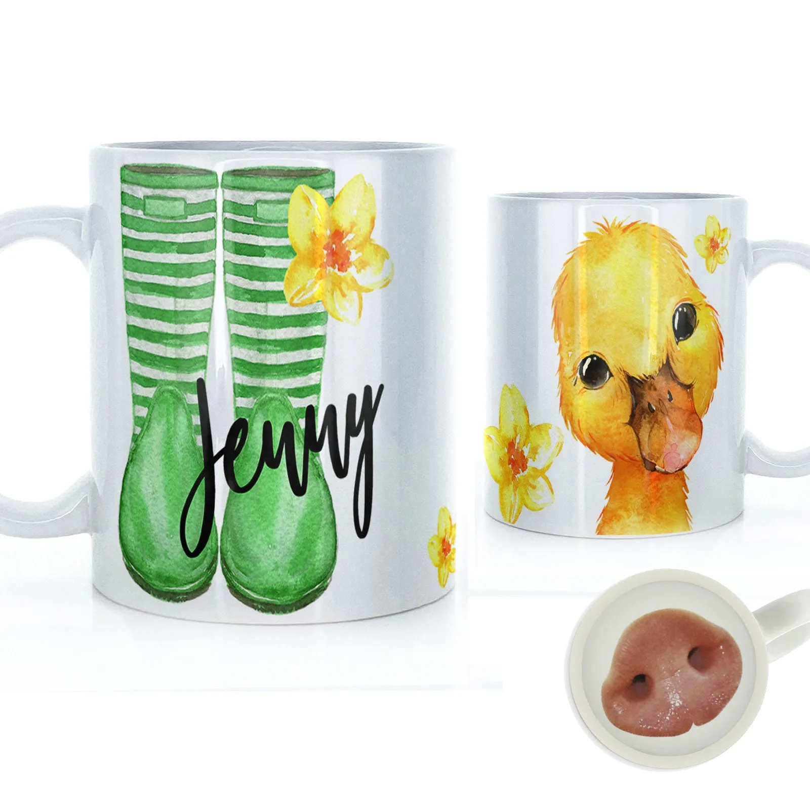 Personalised Mug with Stylish Text and Yellow Flower Duckling & Green Striped Wellies
