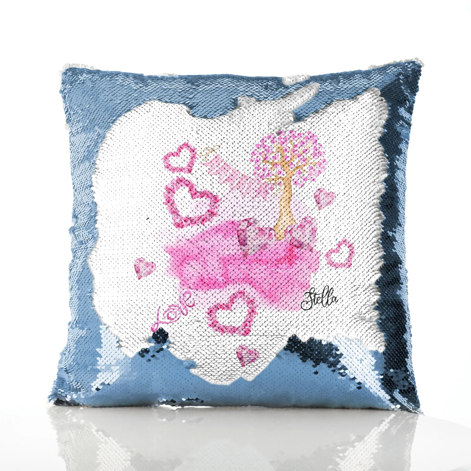 Personalised Sequin Cushion with Stylish Text and Pink Love Landscape Print